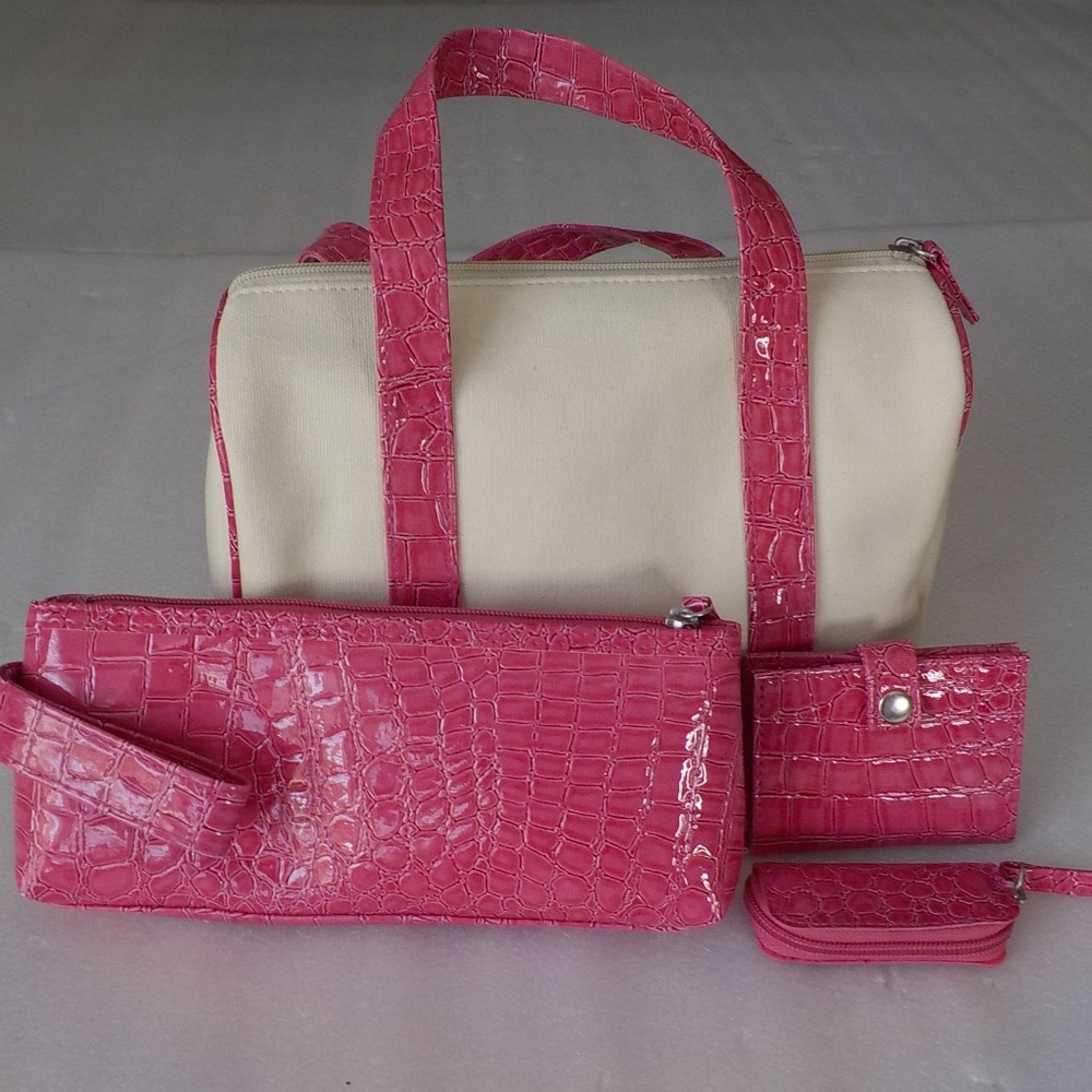 Cream and Hot Pink Croc-Embossed Satchel Set